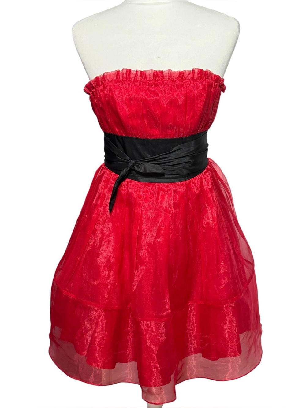Vintage Betsey Johnson Red Strapless Party Dress Black Sash Organza Tulle Size 4
